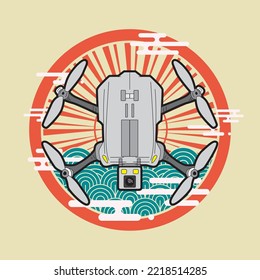 drone illustration design with japanese style background and logo