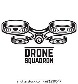 Drone illustration isolated on white background. Design elements for logo, label, emblem, sign. Vector illustration