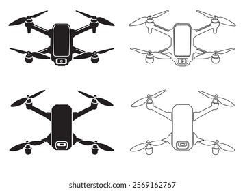 Drone Illustration Set: Black and White Silhouettes. This image presents a set of drone silhouettes, one in solid black and one in outline black, displayed in a grid format.