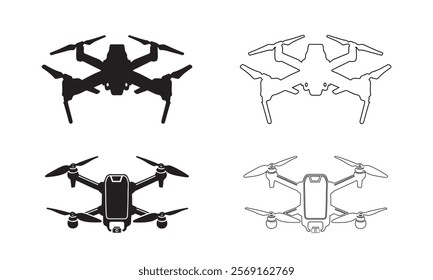 Drone Illustration Set: Black and White Silhouettes. This image presents a set of drone silhouettes, one in solid black and one in outline black, displayed in a grid format.