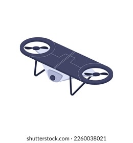 Ilustración de drones. Vector de robots no tripulados para vigilancia y entrega de video. Vehículo aéreo de caricatura con cámara aislada en blanco. Aeronaves, concepto de tecnología