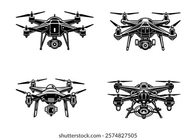 Drone Illustrations - Black and White Quadcopter Design Collection, Drone silhouette vector  clip art