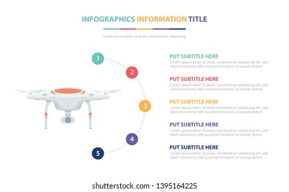 drone infographic template concept with five points list and various color with clean modern white background - vector illustration