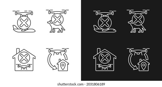 Drone instruction linear manual label icons set for dark and light mode. Customizable thin line symbols. Isolated vector outline illustrations for product use instructions. Editable stroke