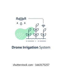Drone irrigation management, crop monitoring, smart automation system, modern agriculture technology, agritech concept, harvest improvement, agricultural efficiency, vector line icon