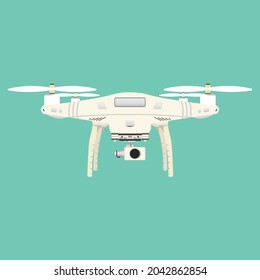 Drone isolated on a green background. Realistic Drone illustration. Quadcopter with the camera. Remote aerial drone with a camera taking photography or video recording.