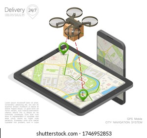 Drone itinerary delivery above flat city map on phone concept. Quadcopter route flying over town tablet. Navigation carrying a package to customer. Vector 3d isometric
