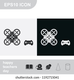 Drone and joystick flat black and white vector icon.