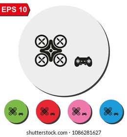 Drone and joystick flat round colorful vector icon.
