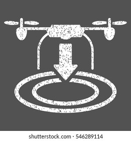 Drone Landing grainy textured icon for overlay watermark stamps. Flat symbol with dirty texture. Dotted vector white ink rubber seal stamp with grunge design on a gray background.