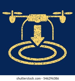 Drone Landing grainy textured icon for overlay watermark stamps. Flat symbol with scratched texture. Dotted vector yellow ink rubber seal stamp with grunge design on a blue background.