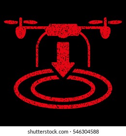 Drone Landing grainy textured icon for overlay watermark stamps. Flat symbol with dust texture. Dotted vector red ink rubber seal stamp with grunge design on a black background.
