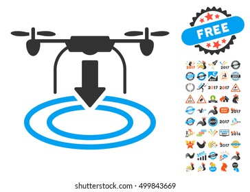 Drone Landing icon with bonus 2017 new year pictograph collection. Vector illustration style is flat iconic symbols, blue and gray colors, white background.