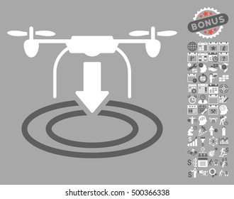 Drone Landing icon with bonus calendar and time management icon set. Vector illustration style is flat iconic symbols, dark gray and white colors, silver background.