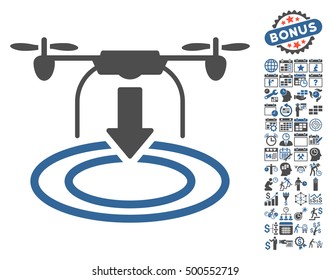 Drone Landing icon with bonus calendar and time management clip art. Vector illustration style is flat iconic symbols, cobalt and gray colors, white background.