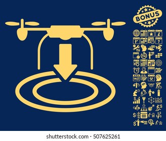 Drone Landing icon with bonus calendar and time service graphic icons. Vector illustration style is flat iconic symbols, yellow color, blue background.