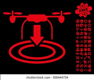 Drone Landing icon with bonus options images. Vector illustration style is flat iconic symbols, red color, black background.