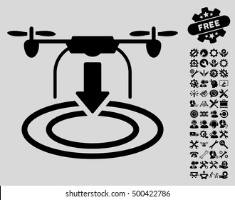 Drone Landing icon with bonus service graphic icons. Vector illustration style is flat iconic symbols, black color, light gray background.