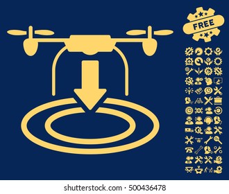 Drone Landing icon with bonus settings clip art. Vector illustration style is flat iconic symbols, yellow color, blue background.
