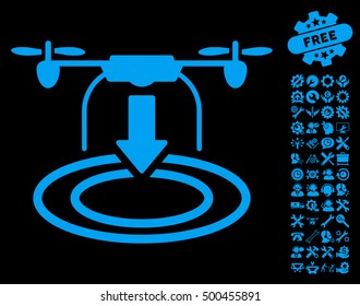 Drone Landing icon with bonus setup tools graphic icons. Vector illustration style is flat iconic symbols, blue color, black background.