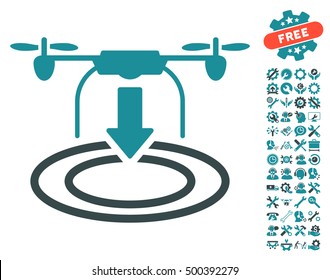 Drone Landing icon with bonus tools pictures. Vector illustration style is flat iconic symbols, soft blue colors, white background.
