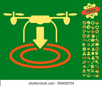 Drone Landing icon with bonus tools pictograms. Vector illustration style is flat iconic symbols, orange and yellow colors, green background.