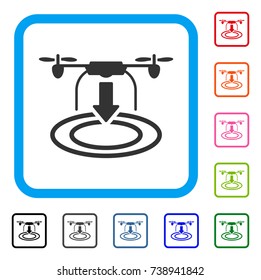 Drone Landing icon. Flat grey pictogram symbol inside a light blue rounded frame. Black, gray, green, blue, red, orange color variants of Drone Landing vector. Designed for web and app interfaces.