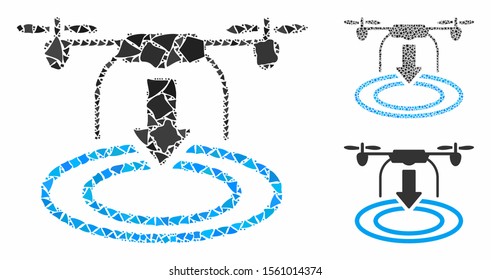 Drone landing mosaic of rough items in variable sizes and color tinges, based on drone landing icon. Vector abrupt items are organized into collage. Drone landing icons collage with dotted pattern.
