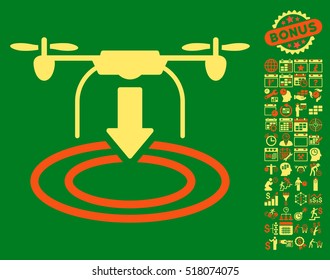 Drone Landing pictograph with bonus calendar and time management design elements. Vector illustration style is flat iconic symbols, orange and yellow colors, green background.