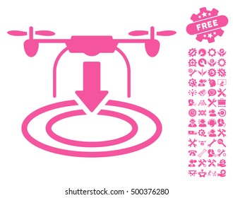 Drone Landing pictograph with bonus configuration pictograms. Vector illustration style is flat iconic symbols, pink color, white background.