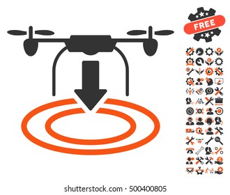 Drone Landing pictograph with bonus setup tools images. Vector illustration style is flat iconic symbols, orange and gray colors, white background.