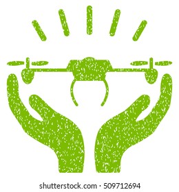 Drone Launch Hands grainy textured icon for overlay watermark stamps. Flat symbol with unclean texture. Dotted vector eco green ink rubber seal stamp with grunge design on a white background.
