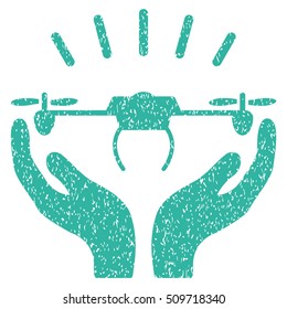 Drone Launch Hands grainy textured icon for overlay watermark stamps. Flat symbol with unclean texture. Dotted vector cyan ink rubber seal stamp with grunge design on a white background.