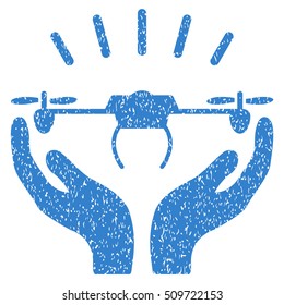 Drone Launch Hands grainy textured icon for overlay watermark stamps. Flat symbol with dirty texture. Dotted vector cobalt ink rubber seal stamp with grunge design on a white background.
