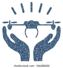 Drone Launch Hands grainy textured icon for overlay watermark stamps. Flat symbol with scratched texture. Dotted vector blue ink rubber seal stamp with grunge design on a white background.