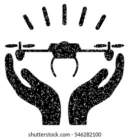 Drone Launch Hands grainy textured icon for overlay watermark stamps. Flat symbol with dirty texture. Dotted vector black ink rubber seal stamp with grunge design on a white background.