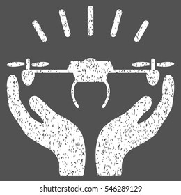 Drone Launch Hands grainy textured icon for overlay watermark stamps. Flat symbol with scratched texture. Dotted vector white ink rubber seal stamp with grunge design on a gray background.