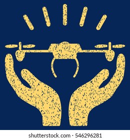 Drone Launch Hands grainy textured icon for overlay watermark stamps. Flat symbol with dirty texture. Dotted vector yellow ink rubber seal stamp with grunge design on a blue background.