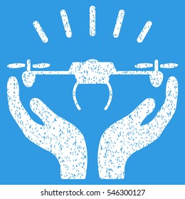 Drone Launch Hands grainy textured icon for overlay watermark stamps. Flat symbol with dust texture. Dotted vector white ink rubber seal stamp with grunge design on a blue background.