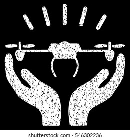 Drone Launch Hands grainy textured icon for overlay watermark stamps. Flat symbol with dirty texture. Dotted vector white ink rubber seal stamp with grunge design on a black background.