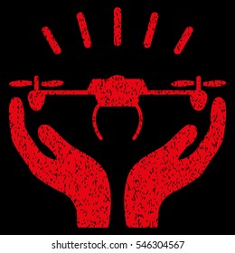 Drone Launch Hands grainy textured icon for overlay watermark stamps. Flat symbol with dirty texture. Dotted vector red ink rubber seal stamp with grunge design on a black background.