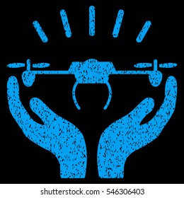 Drone Launch Hands grainy textured icon for overlay watermark stamps. Flat symbol with scratched texture. Dotted vector blue ink rubber seal stamp with grunge design on a black background.