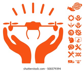Drone Launch Hands icon with bonus setup tools clip art. Vector illustration style is flat iconic symbols, orange color, white background.