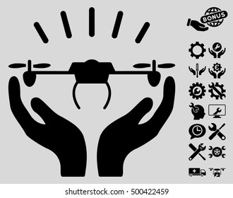 Drone Launch Hands icon with bonus configuration design elements. Vector illustration style is flat iconic symbols, black color, light gray background.