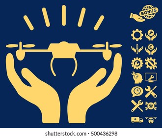 Drone Launch Hands icon with bonus tools graphic icons. Vector illustration style is flat iconic symbols, yellow color, blue background.