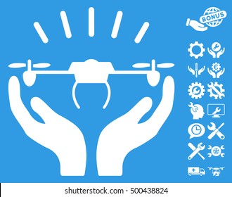 Drone Launch Hands icon with bonus tools images. Vector illustration style is flat iconic symbols, white color, blue background.