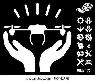 Drone Launch Hands icon with bonus tools graphic icons. Vector illustration style is flat iconic symbols, white color, black background.