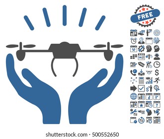 Drone Launch Hands icon with bonus calendar and time management icon set. Vector illustration style is flat iconic symbols, cobalt and gray colors, white background.