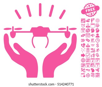 Drone Launch Hands icon with bonus calendar and time management pictograph collection. Vector illustration style is flat iconic symbols, pink color, white background.