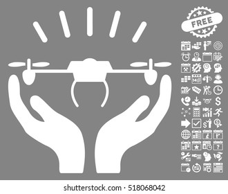 Drone Launch Hands icon with bonus calendar and time management graphic icons. Vector illustration style is flat iconic symbols, white color, gray background.